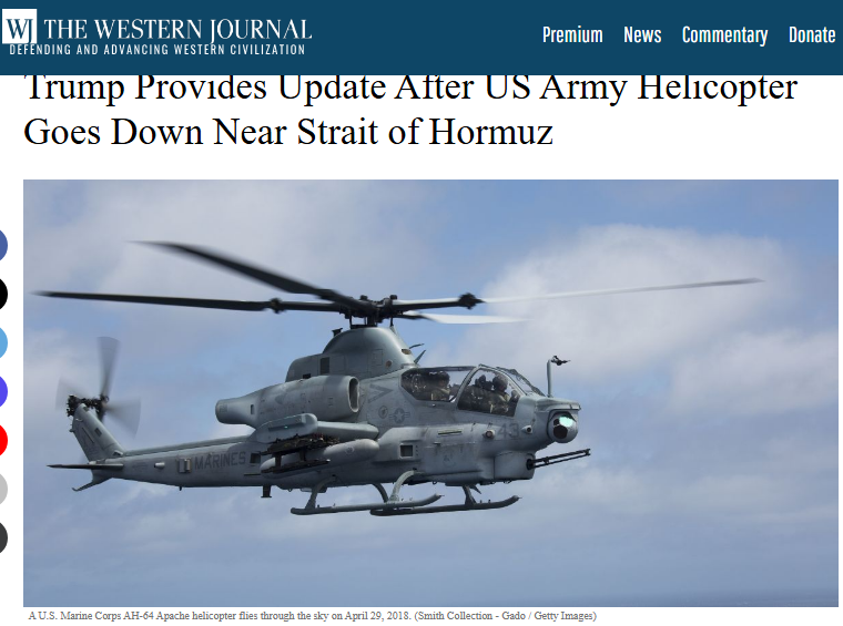 jasontoddweir's tweet photo. "A U.S. Marine Corps AH-64 Apache helicopter flies through the sky on April 29, 2018." @WesternJournalX how much research would you have had to do to know this isn't an AH-64 &amp; the Marines don't operate the AH-64. Incompetence or malfeasance, some hard to trust media these days. https://t.co/741O2MgOIR