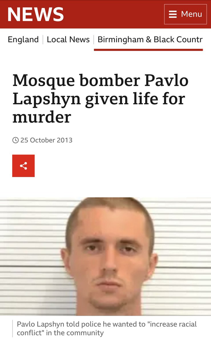 doamuslims's tweet photo. Ukrainian Neo-Nazi Pavlo Lapshyn stabbed 82-year-old Muslim man Mohammed Saleem following evening prayers in Small Heath, Birmingham, five days after arriving in the UK in 2013.

Following the horrific murder, Lapshyn then went on to plant bombs at mosques across the West Midlands. 

At the time, the right wing and the far right including Nigel Farage, Tommy Robinson, Robert Jenrick and Rupert Lowe were all silent! 

They are opportunists who use horrific attacks involving minorities to sow division.