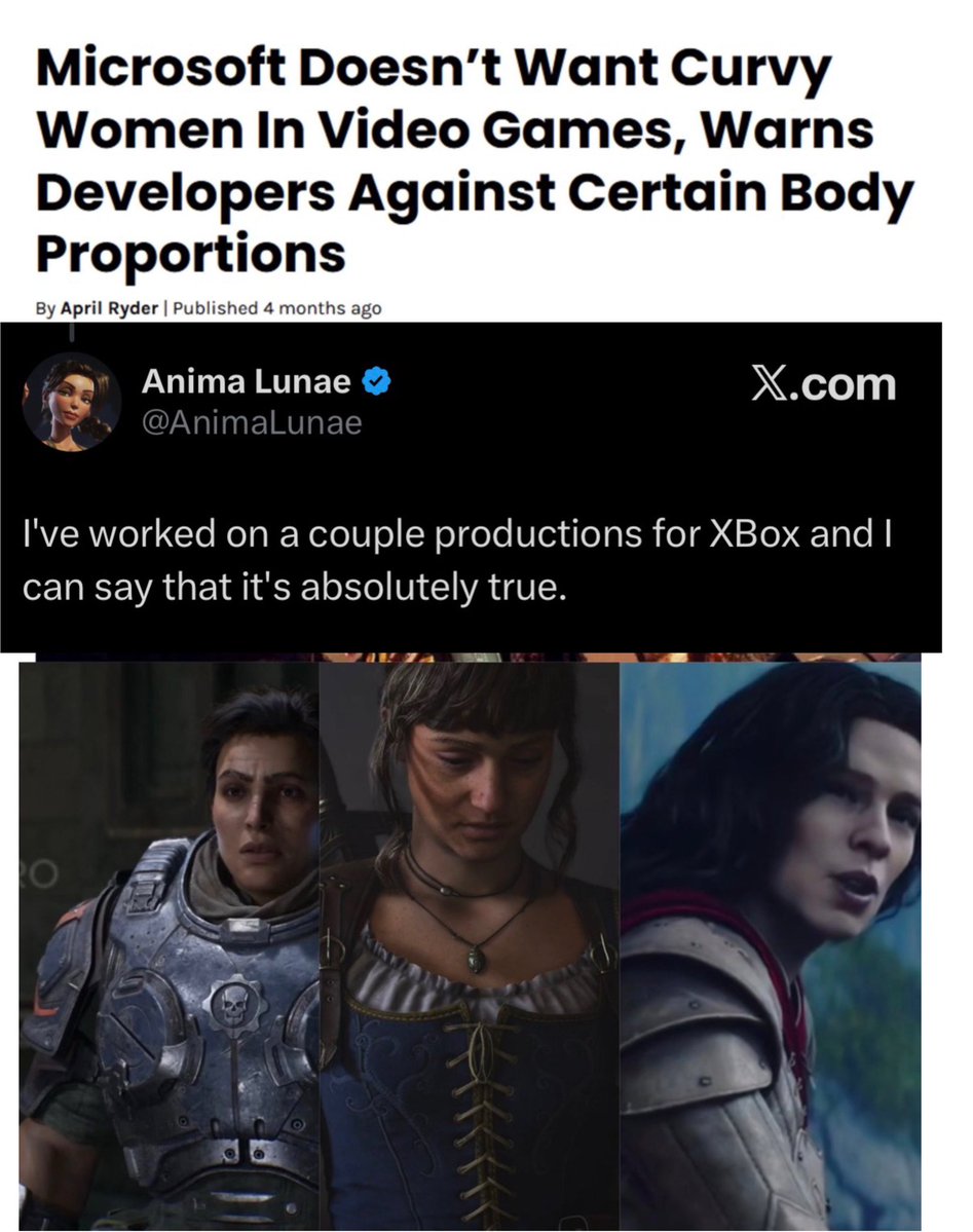 ChibiReviews's tweet photo. So the artist who made the image on the right worked on "South of Midnight". They said that Microsoft discourages developers from creating curvy female characters in its games.

The artist showed how they would depict their style, but Microsoft is against this.

Guess women can't look beautiful in gaming anymore.

We have seen this trend in Asian Games and even Anime as well

Censorship is spreading to all forms of media