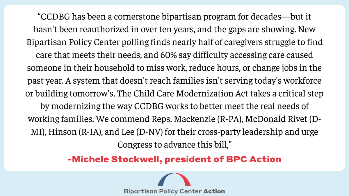 BPCAction's tweet photo. Nearly half of caregivers report difficulty finding child care that meets their needs.

That’s why we support @RepMackenzie, @repkmr, @RepAshleyHinson, and @RepSusieLee for introducing the bipartisan Child Care Modernization Act—a real step forward for working families. https://t.co/3ZHAymK7ni