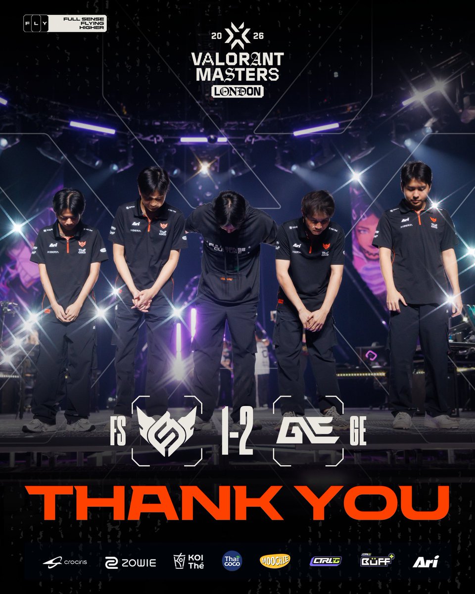 fullsense_gg's tweet photo. THANK YOU FOR YOUR SUPPORT 🧡
Our journey at VALORANT Masters London 2026 comes to an end today.

The result wasn't what we hoped for, and we're leaving the tournament at the Swiss Stage. Still, competing on the global stage was an invaluable experience. We'll take every lesson, every mistake, and every moment from this event to become a stronger team.

To every FENCE who supported us from day one until the very last round, thank you. Your support means everything to us.

Now it's time to get back to work and prepare for VCT Pacific Stage 2.
We'll keep grinding. We'll keep improving.
See you soon. 💪🏻

[Result] VALORANT Masters London 2026 : Swiss Stage
FULL SENSE 1 - 2 Global Esports
SPLIT : 13-9
BREEZE : 8-13
PEARL : 8-13
.
#FULLSENSE #FSVALORANT #FSFLYHIGH #VALORANTMasters
#CROCIRIS #ZOWIE #KOITheThailand #ไทยโคโค่ #moochiepetfood #CtrlG #CtrlGBuFF #Ari