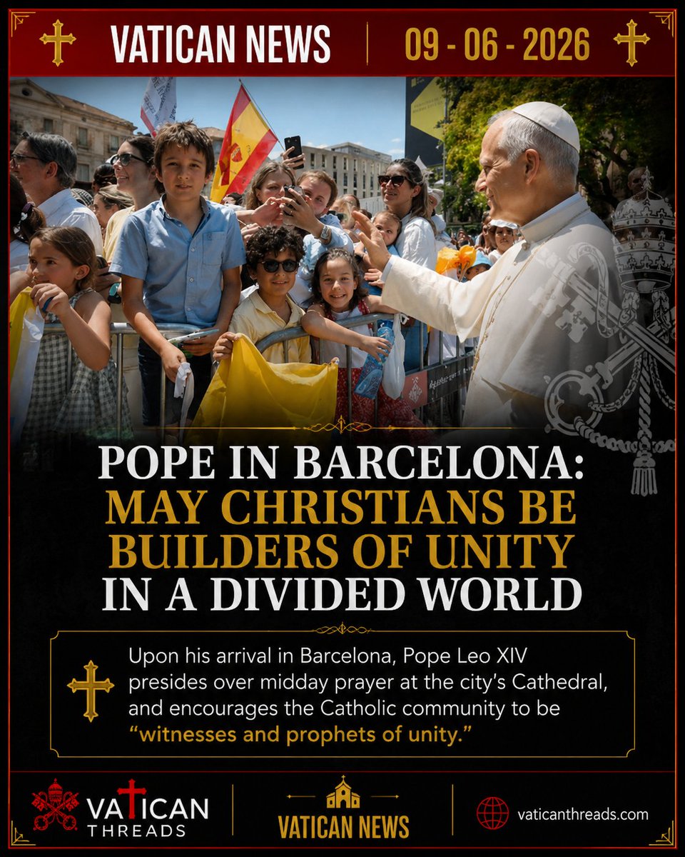 vaticanthreads's tweet photo. Pope Leo XIV Calls For Unity In A Divided World
#VaticanThreads #VaticanNews #PopeLeoXIV #CatholicChurch #Faith #ChristianUnity #Peace #CatholicFaith #ChurchNews #Christianity #Prayer #Hope #Love #Gospel #CatholicCommunity #Barcelona #UnityInChrist https://t.co/JLU1XRoDD6