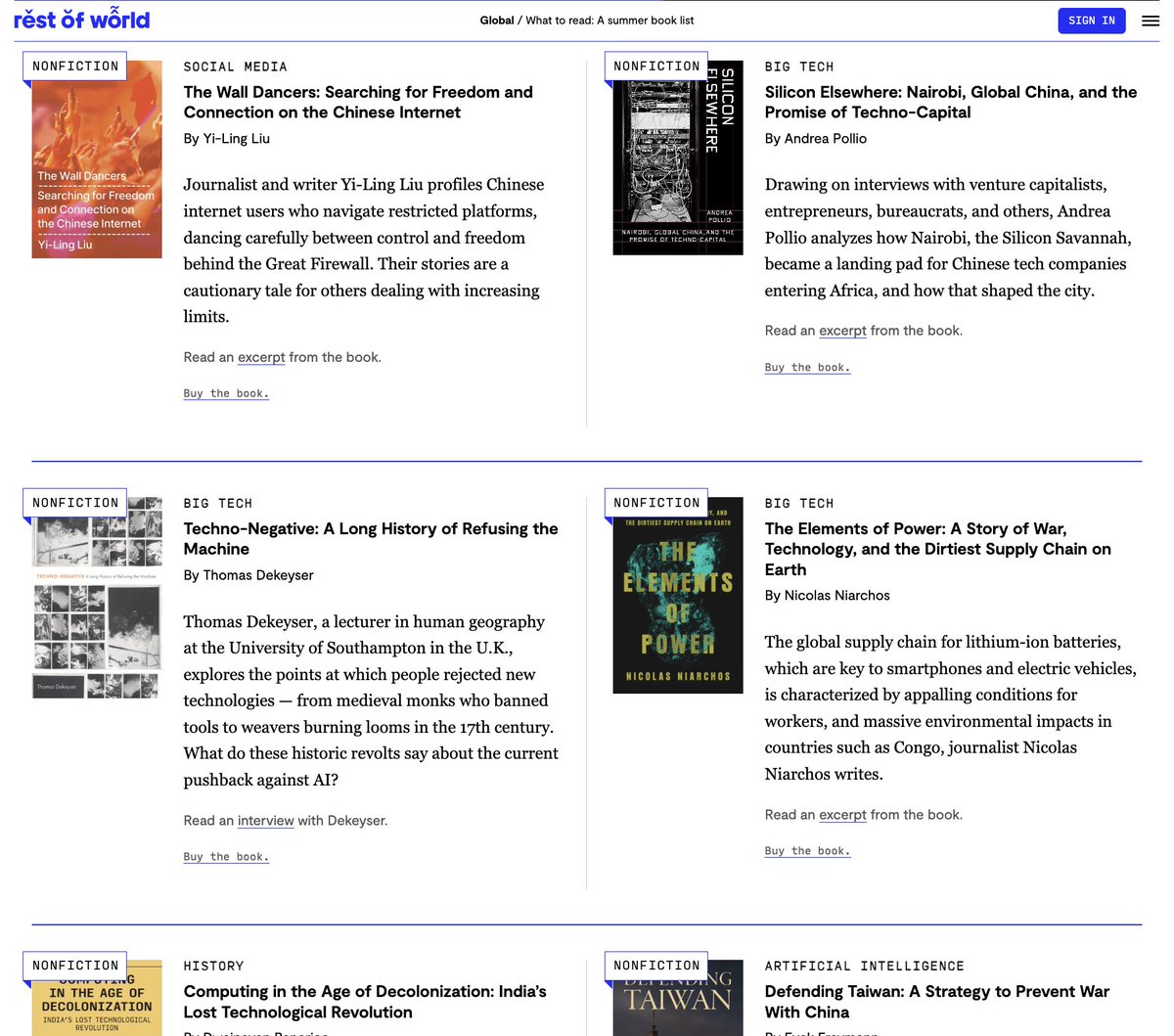 OnChainOnlyy's tweet photo. Enticing summer reading list recommendations from @restofworld. 

Mid-way through Elements of Power and it's quite good. Wallet Dancers &amp; Silicon Elsewhere might be next up. https://t.co/lhSMEHOtUN