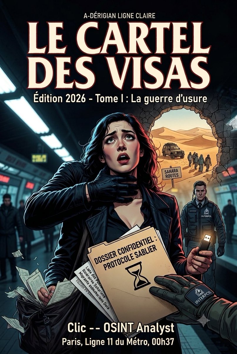 meryemsaga's tweet photo. Extrait exclusif – Le Cartel des Visas (Édition 2026)
Tome I : La guerre d’usure

Paris, ligne 11 du métro. 00h37.
Une main gantée de cuir s’abat sur la nuque de Meryem…
Dans sa poche : une clé USB qui vaut une condamnation à perpétuité.
Dans son sac : les preuves d’un cartel d’un genre nouveau.

Le premier thriller FICINT de la littérature marocaine contemporaine.
OSINT + modélisation géopolitique chirurgicale.

📖 Disponible dès maintenant :
→ Amazon 🇫🇷 : https://t.co/U0wC9ioKFj
→ Tifawen (site officiel): https://t.co/7pX0Vlt5N9

Édition 🇺🇸 sort fin de semaine.

Qui veut plonger dans la vraie mécanique du Cartel ? 👇

#LeCartelDesVisas #FICINT #ThrillerGeopolitique #Edition2026
