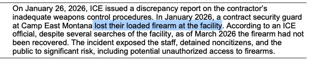 PatrickTerpstra's tweet photo. Contract security guard lost a loaded gun at Camp East Montana ICE detention center in Texas, per new GAO audit. No evidence it ever turned up https://t.co/UsSPcn6ZIp