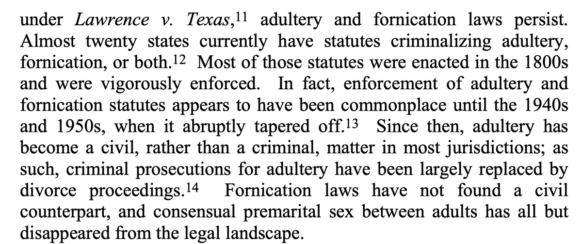 thinkingchris1's tweet photo. "Almost twenty states currently have statutes criminalizing adultery,
fornication, or both. Most of those statutes were enacted in the 1800s
and were vigorously enforced. In fact, enforcement of adultery and
fornication statutes appears to have been commonplace until the 1940s
and 1950s"

Another example of how many in Western countries take their liberty for granted.

Also would not surprise me if the dating crisis we are witnessing today is a consequence of the liberalisation of such laws. More choice doesn't necessarily mean humans will make a rational choice to achieve a better outcome.