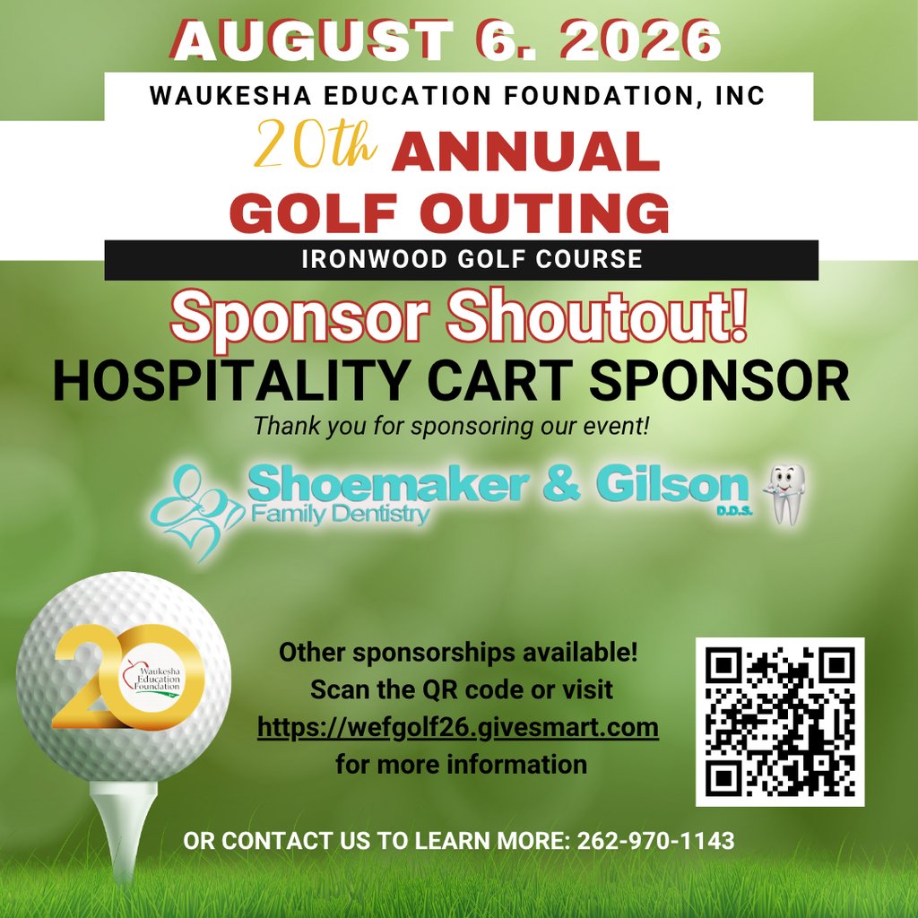 WaukEdFdn's tweet photo. Thank you to Shoemaker and Gilson Family Dentistry for being our Hospitality Cart Sponsor for the sold out 20th Annual WEF Golf Outing. For more info, visit https://t.co/E0IZnQblfS or text wefgolf26 to 76278 #WEFGolf2026 #StrongBusinesses #StrongSchools https://t.co/28g7RAXIle