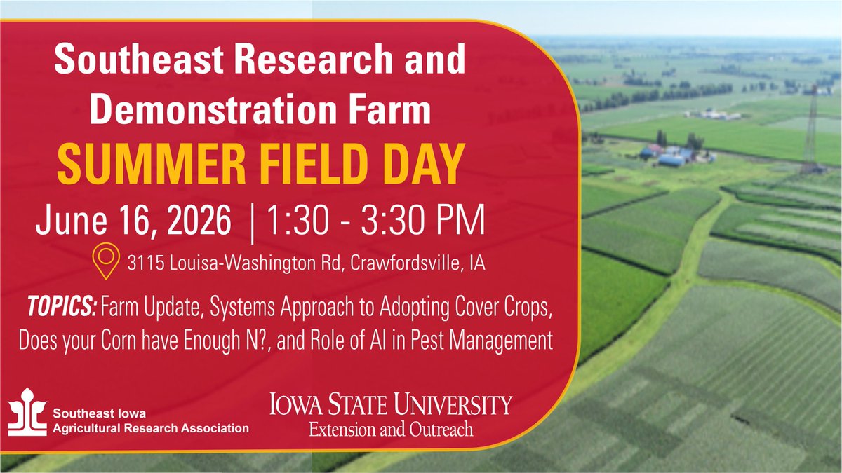 rkvittetoe's tweet photo. ⏳ One week away! Join us June 16 at the Southeast Research Farm for an afternoon of learning, networking, and in-field discussion.
🌱 Timely agronomy topics 🤖 Emerging tools like AI 👨🌾 Experts ready to answer your questions
#FieldDay #AgEvents #IAag https://t.co/SmUtm68s0i