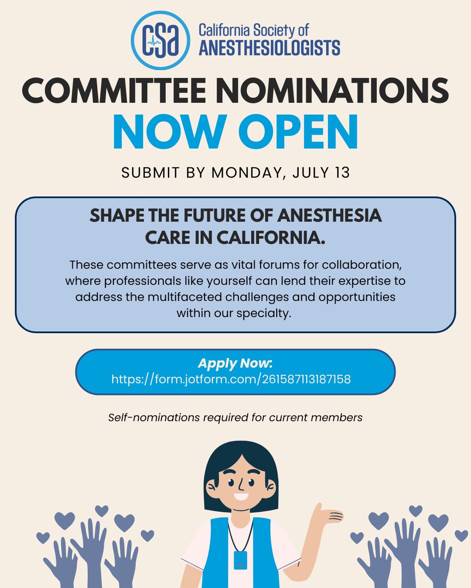 CSAHQ's tweet photo. 🚨 CSA Committee Nominations for 2026-2027 Are Now Open!
✅ Submit by Monday, July 13
Apply here: https://t.co/o6GH1O0dCp
#CSA #Anesthesiology #Leadership #CaliforniaMedicine https://t.co/e5DAByfRUr