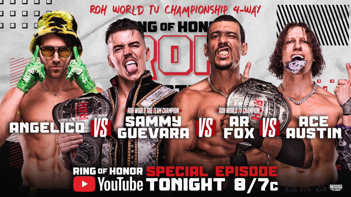 ROHFanFrance's tweet photo. 🏆 ÉNORME FATAL 4-WAY POUR LE CHAMPIONNAT TELEVISION DE LA #ROH !
@ARealFoxx défend son titre face à @Angelico_AEW, @sammyguevara et @The_Ace_Austin. 💥
📺 Regardez cet épisode spécial de ROH TV sur YouTube !!!! #ROHTV #watchROH https://t.co/n1bN8VXIjK
