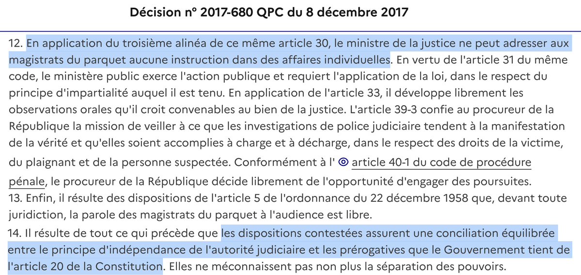 N_Hervieu's tweet photo. 2/ Cela menacerait le pouvoir du Gouvernement sur le parquet :

Car si le @Conseil_constit a admis (en 2017) que le parquet général soit soumis au Gouvernement, c'est surtout car cette garantie existe.

A défaut, le principe d'indépendance de l'autorité judiciaire serait violé. https://t.co/nXQmJaeSAh