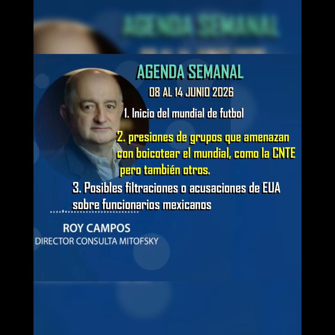 RoyCampos's tweet photo. *Agenda de conversación*
7-14 de junio de 2026
Con Stephani Almaraz
Radio Fórmula QR
México

1.Inicio del mundial de futbol
2.Paralelo al mundial puede haber presiones de grupos que amenazan boicotearlo, como la CNTE pero también otros.
3.Posibles filtraciones o acusaciones de EUA sobre funcionarios mexicanos.

 https://t.co/FkY737rQRq