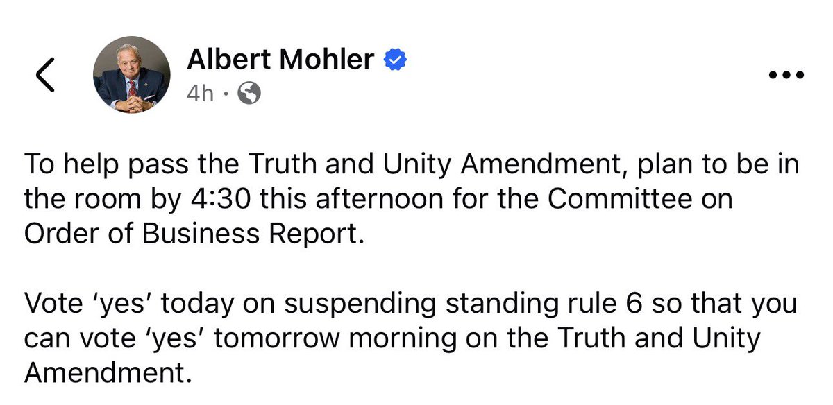 WilliamWolfe's tweet photo. IMPORTANT: I’ve had a reliable source warn me that the Credentials Committee plans to undermine Dr. Mohler’s Truth & Unity Amendment.

I’ve been told that they plan to bring report saying that in 7 years they only brought 49 churches for disfellowship.

Basically, the report will be meant to imply  we don’t need the Truth & Unity Amendment without directly saying we don’t need the amendment from Dr. Mohler

This could occur during miscellaneous business today. 

SBC messengers: Don’t be steered away from supporting the Truth & Unity Amendment!