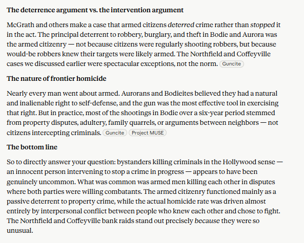 jared_wold's tweet photo. @goblinodds Here is Claude's final summary when asked about bystander intervention (I think it cuts somewhat in favor of my argument, but more of it than I am comfortable with seems to based on VIOLENCE IN AMERICA, Volume 1: The History of Crime, Robert Gurr, and ethnographies worry me): https://t.co/ivcLhInd7G