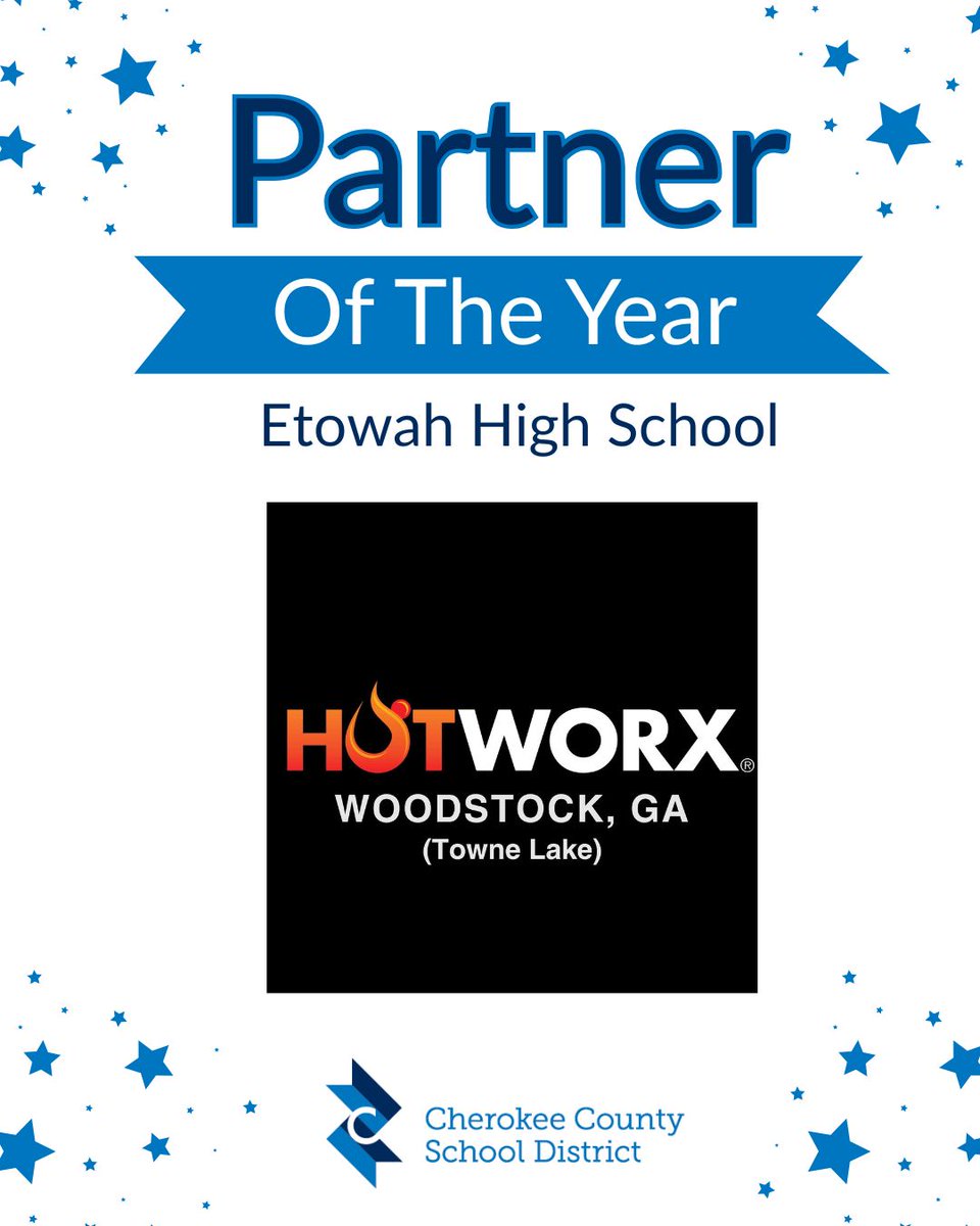 CherokeeSchools's tweet photo. “Since 2023, HOTWORX has been an exceptionally loyal and responsive partner in education. They have consistently supported our school through generous donations of snacks, coffee bars, and membership discounts, all of which have had a positive impact on our employees.” Thank you Etowah High School Partner of the Year: HOTWORX Woodstock! We’re on a mission to be the highest-performing school district in Georgia – and your support makes a difference! #CCSDElevateTheExcellence #PartneroftheYear