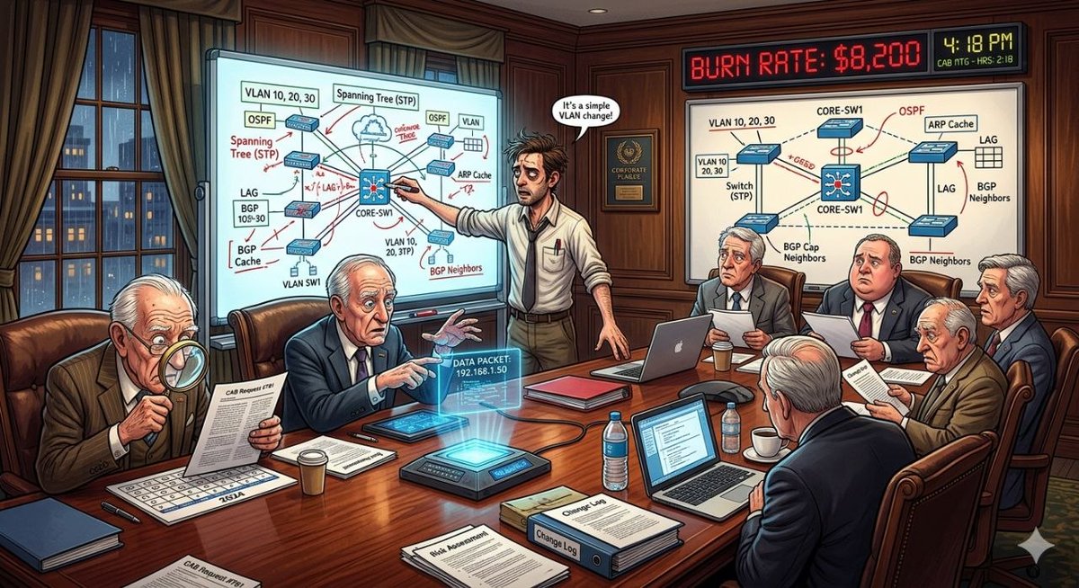 corpburnrate's tweet photo. "We spent 90 minutes in a 'Change Advisory Board' explaining a 5-minute core switch VLAN change to a sub-committee who still use physical planners." 🤡🔌
The cost to 'mitigate risk' was \$8,200. The risk? Zero.
Burn Rate: Extreme. #NetOps #MeetingMemes #CorporateHumor https://t.co/5i7EqDvVWg