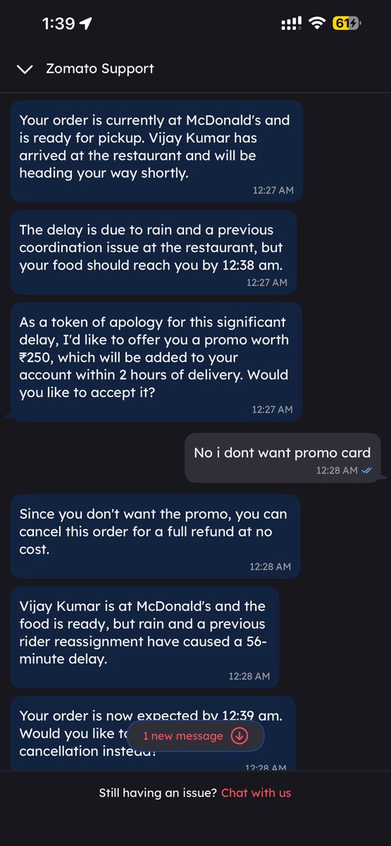 UTDkalij's tweet photo. I waited for nearly 2 hours while being repeatedly assured by customer support that my order would arrive within 15 minutes.

During this time, I was extremely hungry and even developed a headache from waiting. I contacted every support channel available, but instead of receivin https://t.co/ukntegZfxq