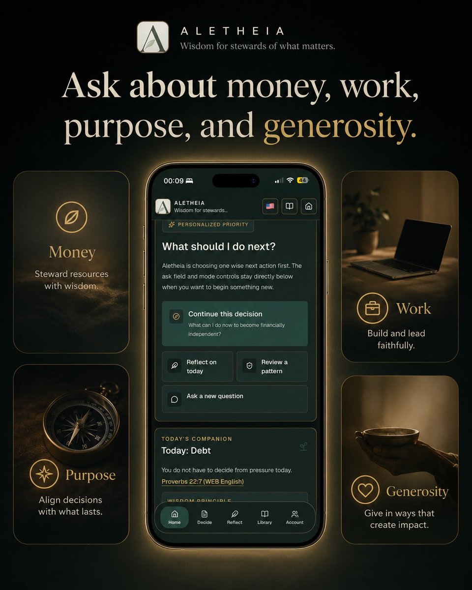 YourBookDigest's tweet photo. Meet Aletheia, a calm biblical wisdom companion that helps you slow down, reflect, and make wiser decisions about money, work, purpose, generosity, and life. Carry wisdom with you.

Try it: https://t.co/ECiFfbaGwS

#BiblicalWisdom #FaithAndWork #SpiritualGrowth #Aletheia https://t.co/EhSajbTi2h