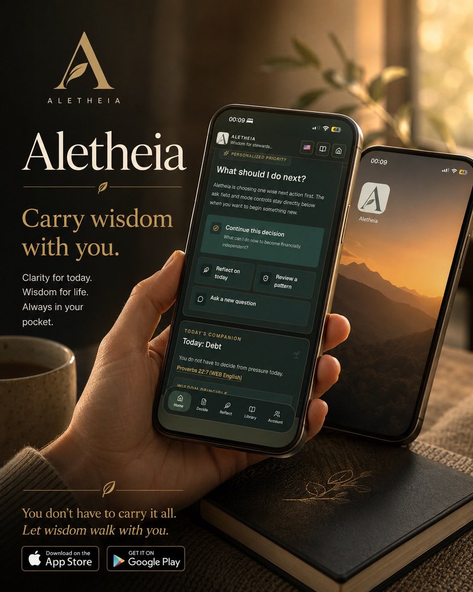 YourBookDigest's tweet photo. Meet Aletheia, a calm biblical wisdom companion that helps you slow down, reflect, and make wiser decisions about money, work, purpose, generosity, and life. Carry wisdom with you.

Try it: https://t.co/ECiFfbaGwS

#BiblicalWisdom #FaithAndWork #SpiritualGrowth #Aletheia https://t.co/EhSajbTi2h