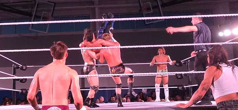 CarlosStoneking's tweet photo. @bradbay1or and @smokeshow_ricky with @JacksonDrake03 and his huge knees, pull out a win for the vanity project...yay.. but @myka_lockwood Ya'll Hell Yeah!! (at least you two have good taste in music) #NXTDavenport #WWE #WWENXT #VanityProject #Hundos? #StillWaitingJackson https://t.co/4dA11Z2ywJ
