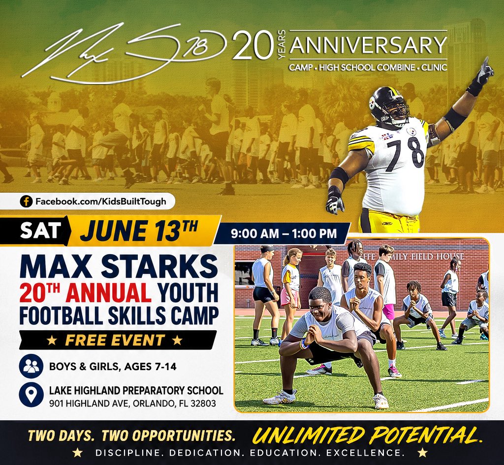 OS_ChrisHays's tweet photo. I left out the key words:

FREE FREE FREE FREE FREE

Former Lake Highland Prep, University of Florida and #NFL Pittsburgh #Steelers star Max Starks is celebrating his 20th year of providing youth football camps with two camps this weekend in #Orlando. A youth camp will be held Saturday and a high school combine will be held Sunday at Lake Lorna Doone Park. Sunday’s event will also include a college educational seminar with Dr. Valencia Belle. See attached flyers.

@maxstarks78 @LHPS_football @steelers @GatorsFB