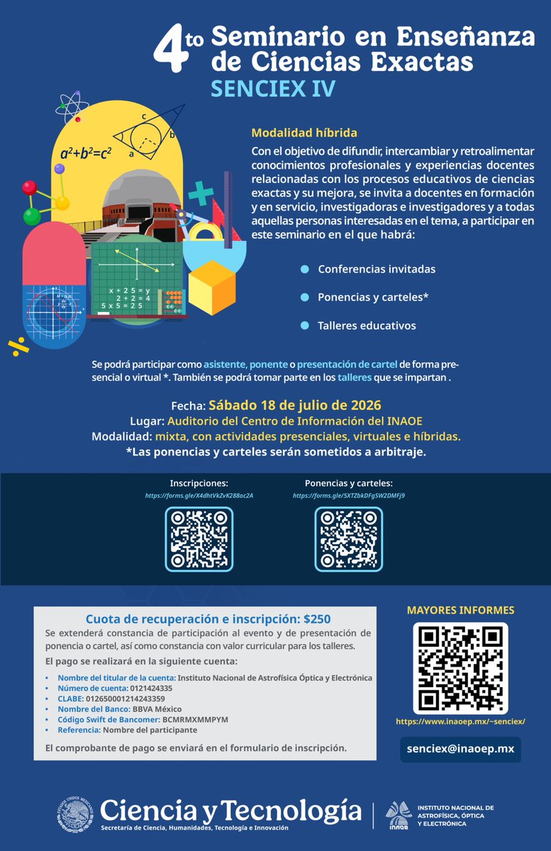 inaoe_mx's tweet photo. 4.º Seminario en Enseñanza de las Ciencias Exactas (SENCIEX IV)

📅 18 de julio 
📍 INAOE
💻 Modalidad híbrida
Consulta la convocatoria e inscríbete. 
#SENCIEXIV #EducaciónCientífica #Matemáticas #CienciasExactas #Docencia #InvestigaciónEducativa #INAOE #DivulgaciónCientífica https://t.co/m9NYcaEUTr