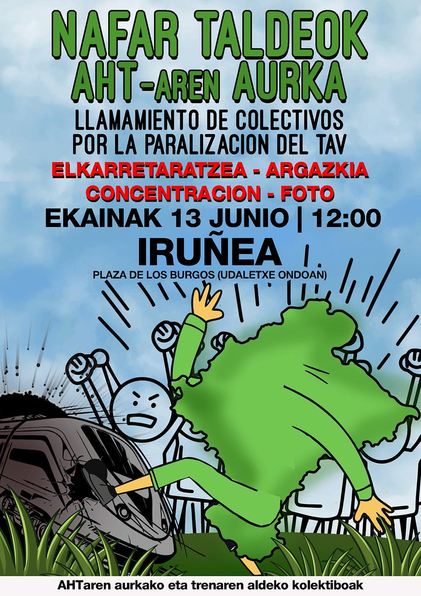 ahtgelditu's tweet photo. 📣 [TAV STOP] CONCENTRACION-ACTO COLORIDO de colectivos y organismos navarros.
 Este sabado a las 12:00 en Pza. de los Burgos de Iruñea. 
📍Venid  media hora antes 
con distintivos de vuestro colectivo: banderolas, logos, pequeña pancarta, vestimenta, utensilios,... https://t.co/pSTuuOoRN6