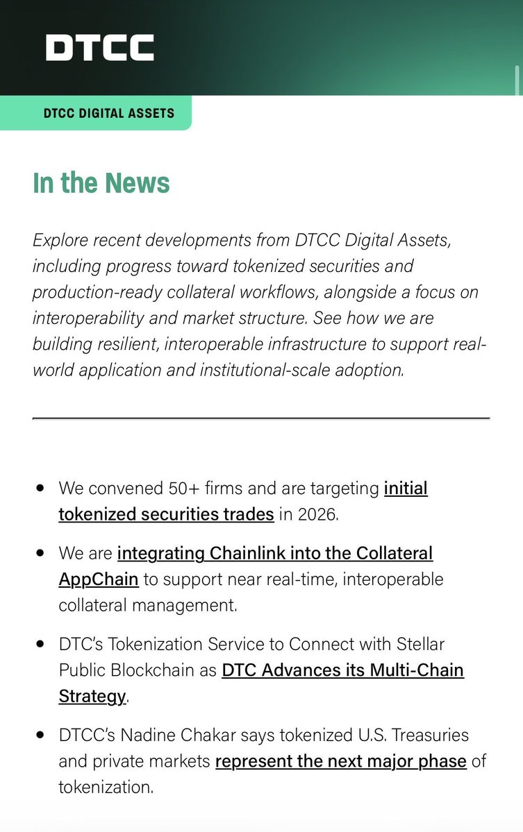 CatfishFishy's tweet photo. @ChadSteingraber Chainlink integrated directly into DTCC's own chain.

DTCC offering their Tokenization Service to Stellar chain, along with many other public chains. https://t.co/tS37gUOmIr