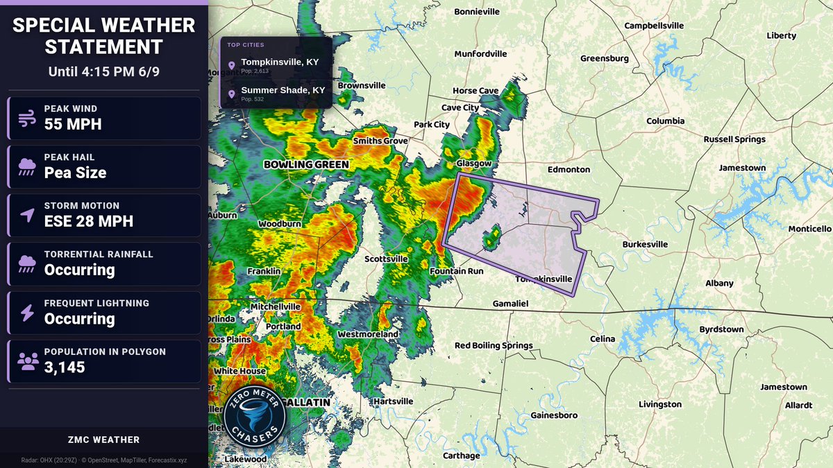 0meterChasers's tweet photo. Special Weather Statement for Barren, Monroe, Metcalfe until 4:15 PM 6/9. Wind gusts 50-55 mph may knock down tree limbs and blow unsecured items. Torrential rain could cause localized flooding. Avoid driving through flooded roads; seek shelter indoors. https://t.co/J8sGULHY62