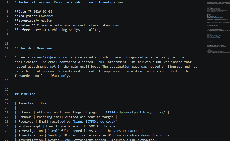 only_Lawrence's tweet photo. Today wasn't about tools or labs.

Took yesterday's phishing incident and rewrote it 3 ways:
→ Technical report for SOC manager
→ Executive summary for CISO
→ Plain English email to the affected user

Same facts. Completely different language each time.
Full Analysis on github https://t.co/2o6A77a0PC