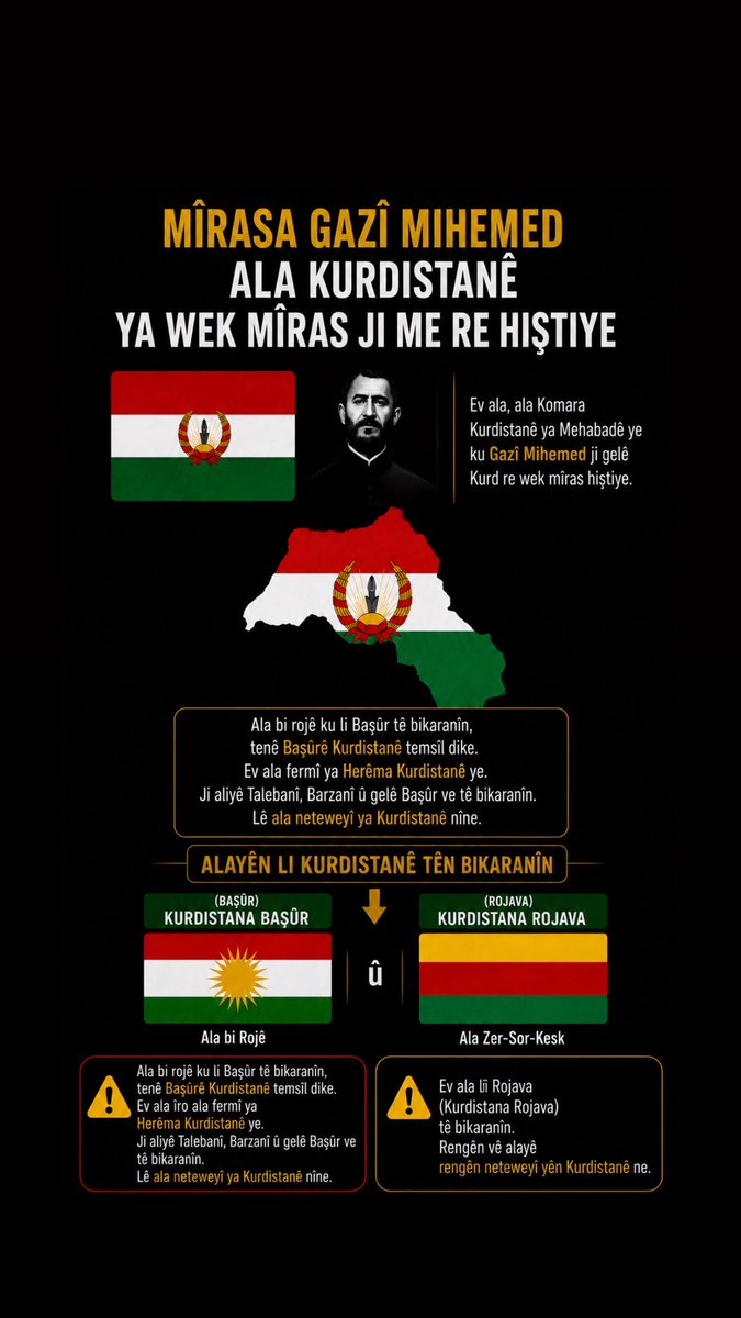 pesengMedia0's tweet photo. 📌 Tüm Kürdistan halkının her kesimini dayanışma göstermeye Çağırıyoruz. 

Artık Herkes Gazi Muhammedin Kürt halkına miras bıraktığı Ortak Değere Sahip Çıkmalıdır.

Güney Kürdistan (Başûr) Bayrağı Sadece Kürdistan Bölgesel yönetimini Temsil Eder ;Ulusal Kürdistan Bayrağı değildir https://t.co/RhCxloms3N