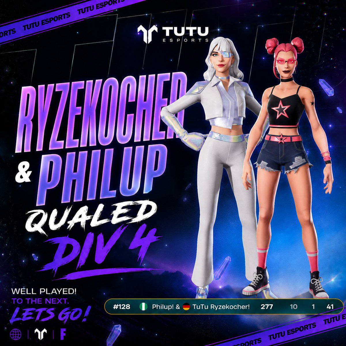 tutufn_esports's tweet photo. WELL DONE BOYS 👏👏

@RyZe_GOTY &amp; @Philup_EnteFn qualed div 4🕶️
Another step forward for TUTU Esports 🚀
#TutuOnTop #TutuEsports https://t.co/86IFOOwH2D