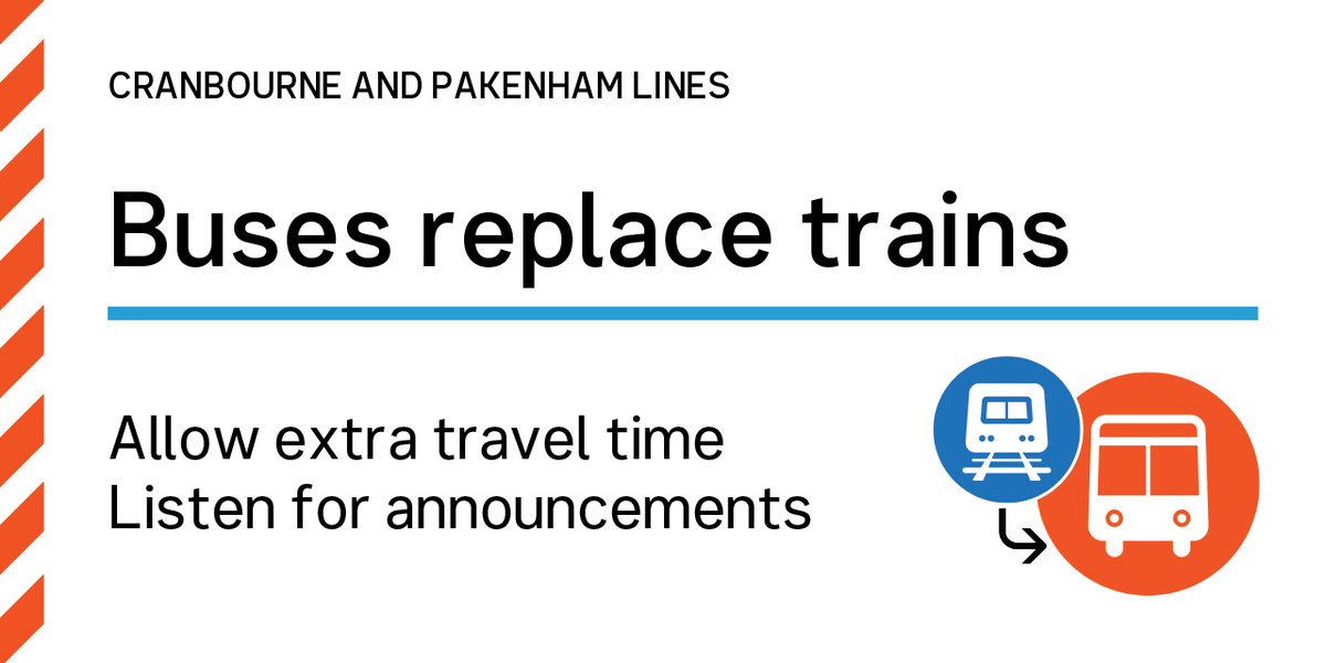 metrotrains's tweet photo. ⛔️Cranbourne / Pakenham lines: Buses replacing trains between Caulfield and Oakleigh due to Vandalism in the Oakleigh area.

Limited replacement buses in operation with more on the way.

A train service will operate between Town Hall and Caulfield, with delays to the service.

A train service will operate between Oakleigh and Cranbourne / East Pakenham with delays to the service.

Allow extra travel time

Check information displays and listen for announcements.