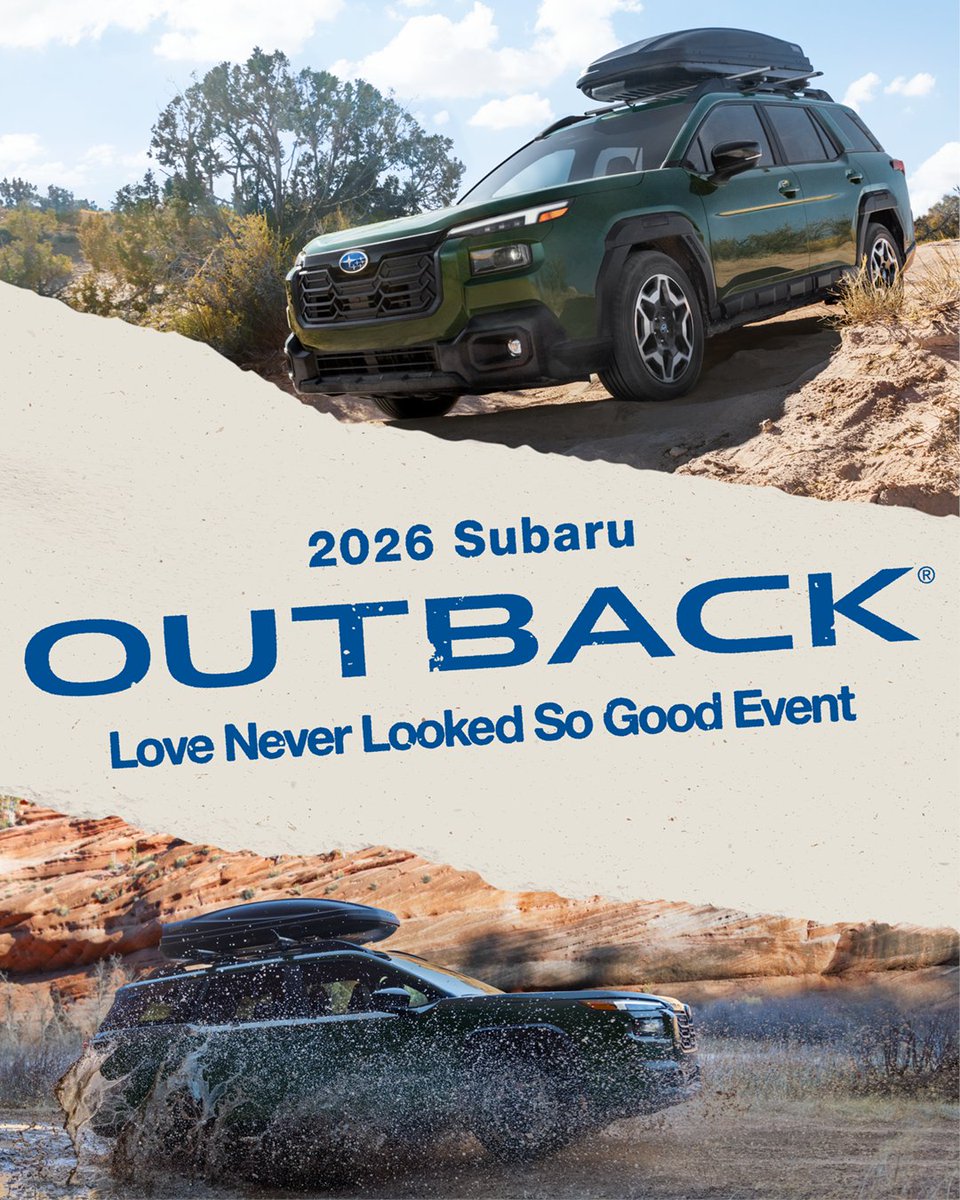 Carr_Subaru's tweet photo. You don't want to miss this! Our 𝐋𝐨𝐯𝐞 𝐍𝐞𝐯𝐞𝐫 𝐋𝐨𝐨𝐤𝐞𝐝 𝐒𝐨 𝐆𝐨𝐨𝐝 event on June 20 is your chance to get behind the wheel of the completely redesigned 2026 Subaru Outback and take home Outback swag while you're at it. RSVP here https://t.co/2u5bocqg8n https://t.co/dk3EP1lc7D