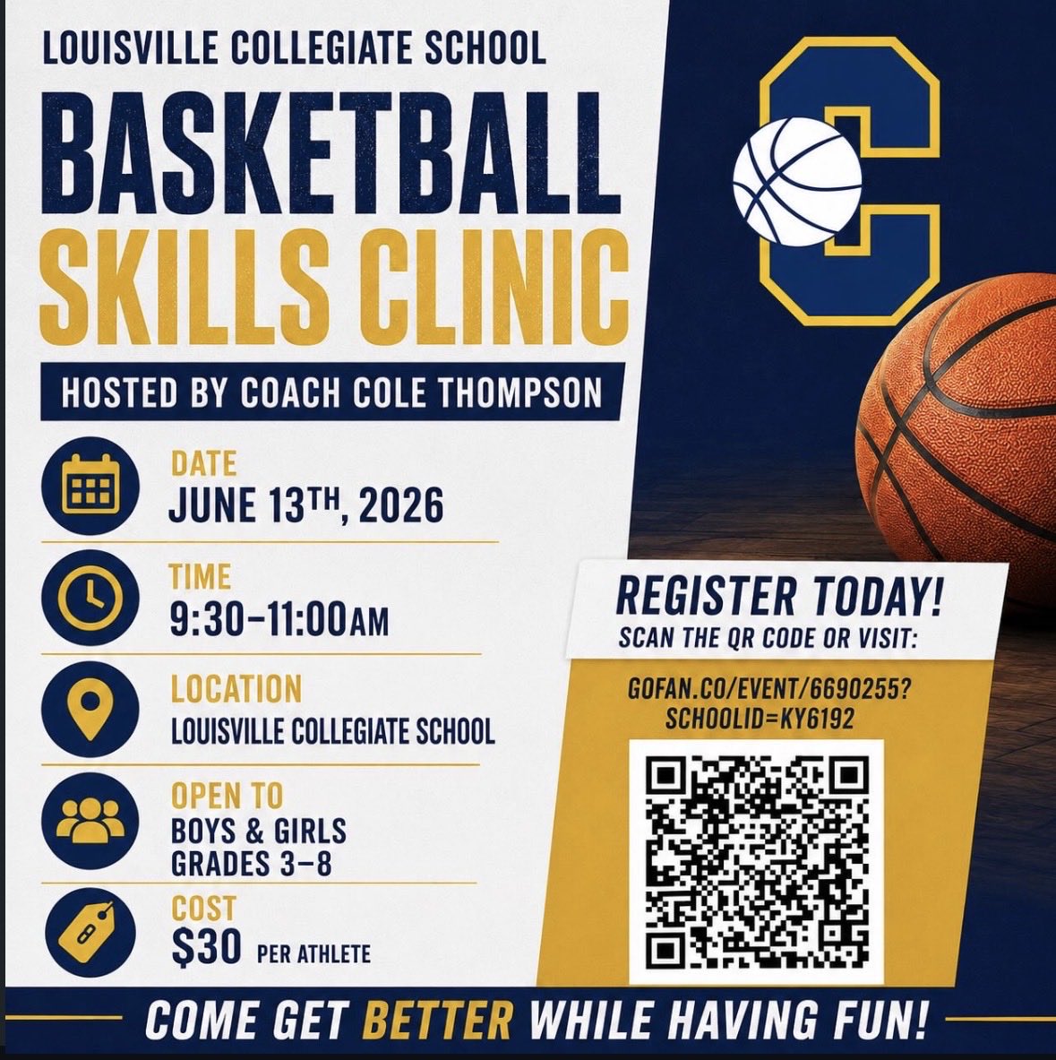 ChesimonMoore's tweet photo. Excited to present two opportunities for players to improve this summer!

Personal Training (Ages 12+)
Elite, focused skill development. Led by myself.
DM me to secure your session.

Collegiate Skills Clinic (Grades 3–8)
Scan the QR to register. Led by @colethompson00 https://t.co/AsBSRHrllP