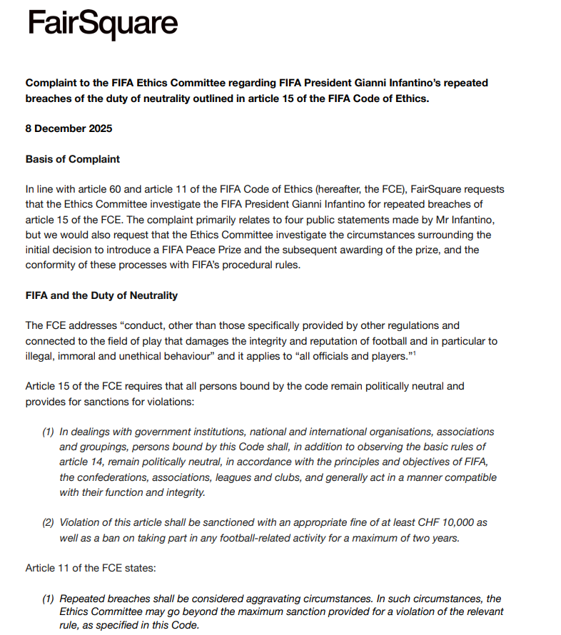 CPointFootball's tweet photo. FairSquare’s complaint over Infantino’s FIFA Peace Prize for US President Donald Trump is separate from Platini’s allegations. 

It turns the wider governance theme into a document about political neutrality, presidential discretion and the limits of FIFA ethics oversight. https://t.co/Kh8mKyi2nr