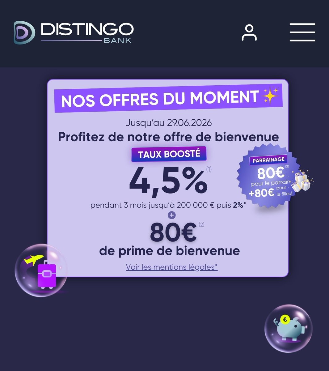 ParrainWeb's tweet photo. Rejoignez @distingobank avec mon #parrainage :
- 80€ de prime de bienvenue
- 4.5% taux booster pendant 3 mois
👉 Contact MP pour recevoir mon code parrain via @distingobank.
https://t.co/jCQFqNwrE0 https://t.co/mAxQJJ3edJ