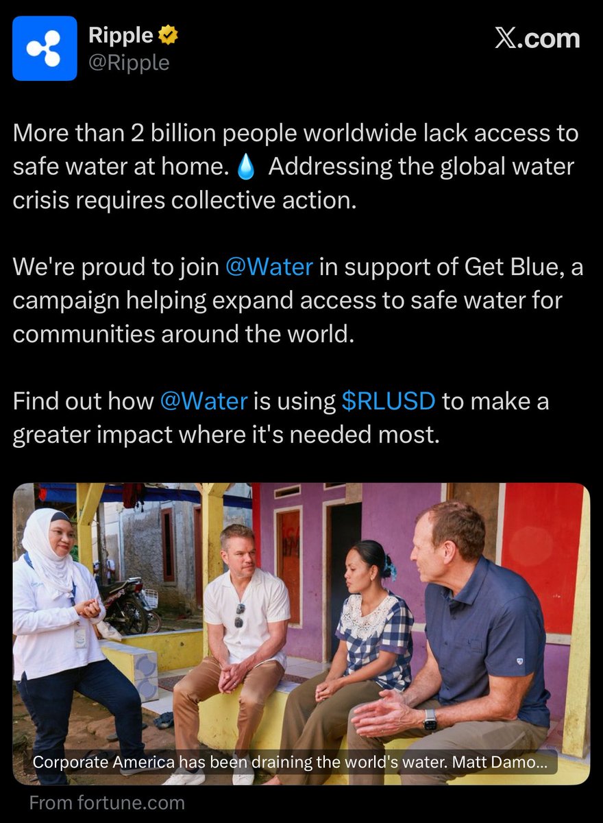 XrpUdate's tweet photo. Blockchain adoption is about more than finance, it’s about creating meaningful impact in the real world.

Great to see $RLUSD supporting initiatives that help expand access to safe water for communities around the globe. 🌍💧 https://t.co/GCDodizwKc
