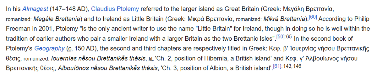 AlsoKnowne's tweet photo. @CharlesTannock @tomhfh The "Little Britain" may not have been Ireland but it seems pretty clear the ancients grouped it all as the "British Isles".
But it's irrelevant here anyway - "Britain" is short for "UK of Great Britain and NI" https://t.co/dcYW2vvmKe