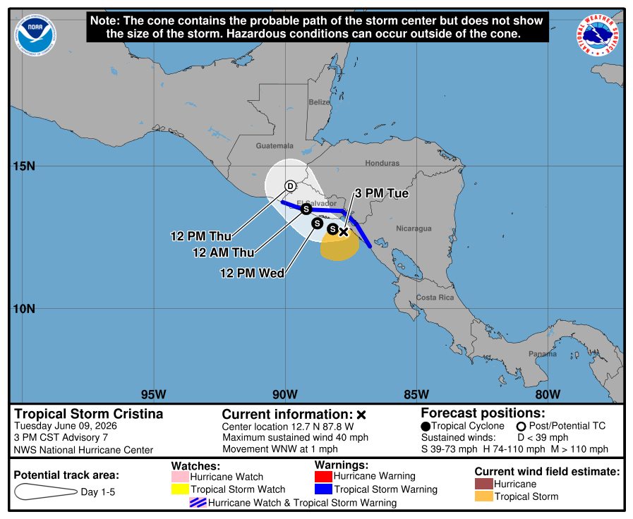 atlanticstorms's tweet photo. #TROPICALSTORMCristina [Heading Change:Speed Decr] Heading WNW @ 1 mph. Wind @ 40 mph. Location N:12.7 W:-87.8 #Hurricane #Cristina Karmelo Anthony https://t.co/ZKmM0rPysw