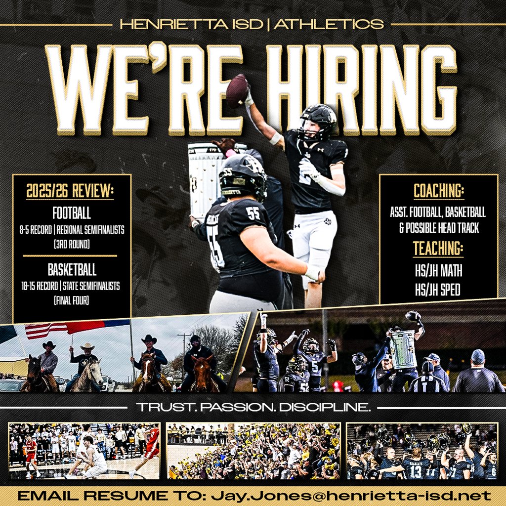 940bearcats's tweet photo. Henrietta ISD is looking for a coach who wants to make an impact on and off the field and classroom. 

Coaching:
Assistant Football
Assistant Basketball
Possible Head Track

Teaching:
HS/JH Math
HS/JH Special Education

Send resumes to: Jay.Jones@henrietta-isd.net https://t.co/ms4HkM14kl
