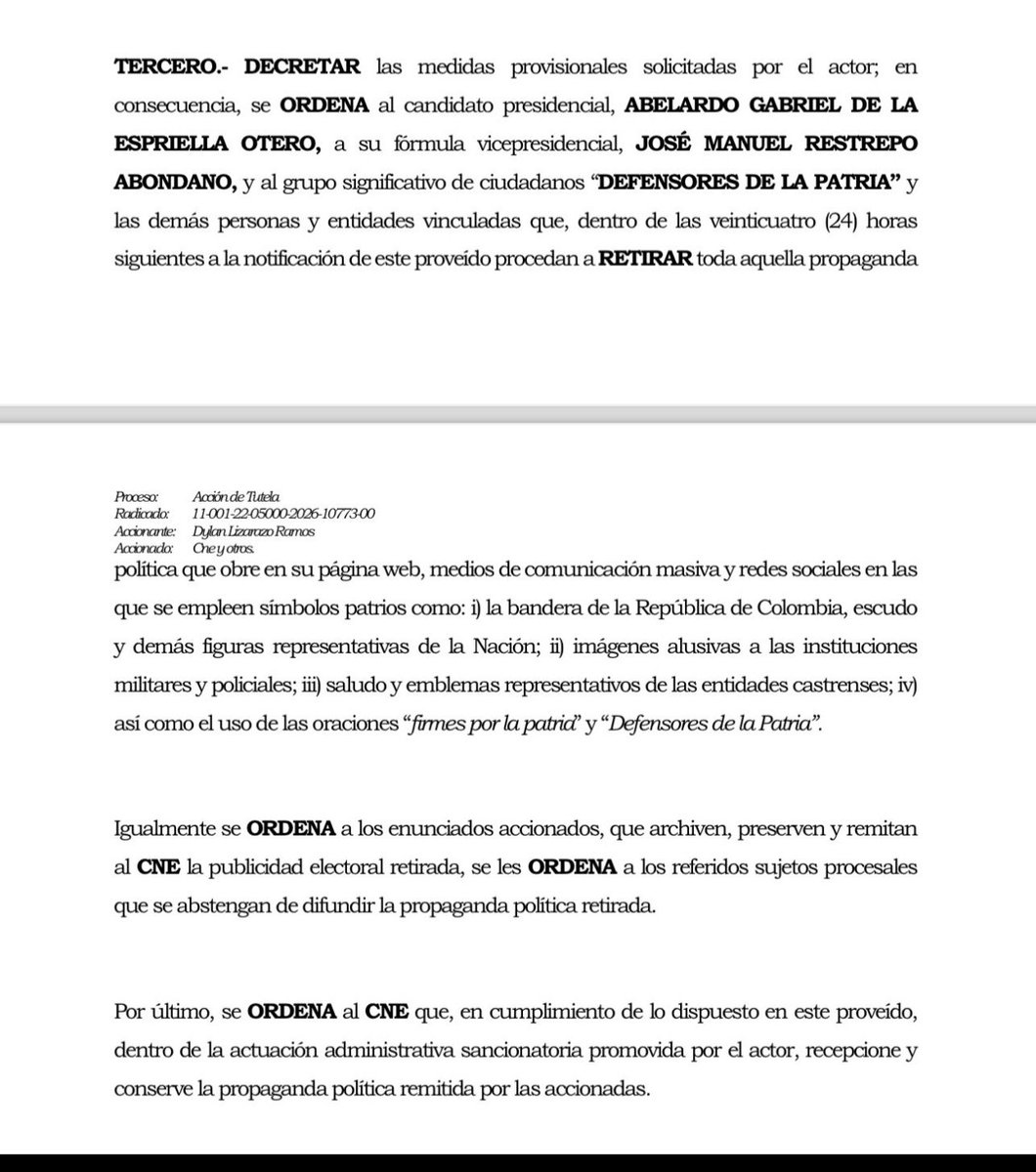 jcvelezuribe's tweet photo. El tamaño de absurdo del tribunal de prohibir el uso, entre otros, de la expresión, DEFENSORES DE LA PATRIA y @ABDELAESPRIELLA está inscrito por el movimiento denominado “Defensores de la Patria”. Están desesperados buscando a ver cómo frenan a ADLE. https://t.co/Oktb5ohAnA