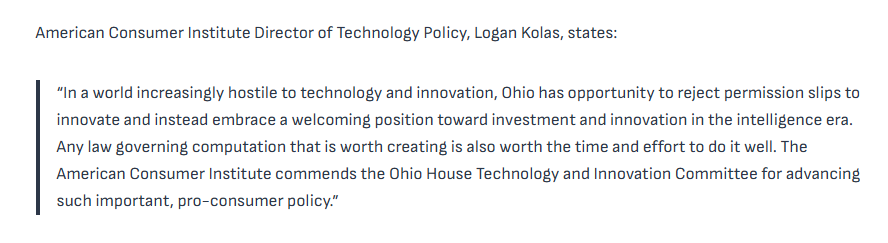 Logan_Kolas's tweet photo. Happy to see Right to Compute advancing in my home state of Ohio. True leadership. https://t.co/uOvf4zbls6