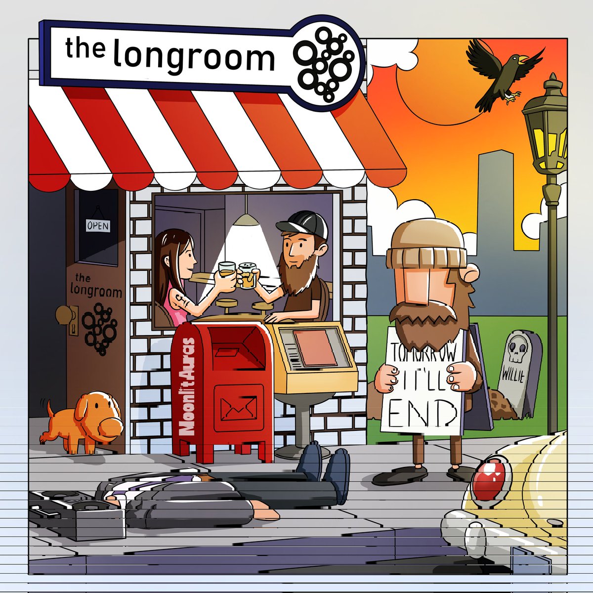 SillyLilyCat's tweet photo. I commissioned @moonlitauras to do a sentimental piece of art for Quincy and I. We'd go to The Longroom and Biscuitman every Saturday for biscuits &amp; gravy and Landline drinks. They played Streetlight Manifesto and we would stay for hours. Its such an emotional memory. Its perfect https://t.co/PluEvOn8f0