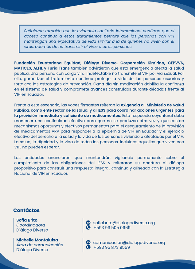 FEquidad's tweet photo. El
@IESSec 
ha entregado ya medicación para las personas que viven con VIH, sin embargo, se acaban de quedar sin más medicina, urge la coordinación con la autoridad sanitaria
@Salud_Ec
para evitar este desabastecimiento
@CKimirina
@DialogoDiverso
@Maticesecu
@CEPVVS_1923 https://t.co/5xegizw4l7