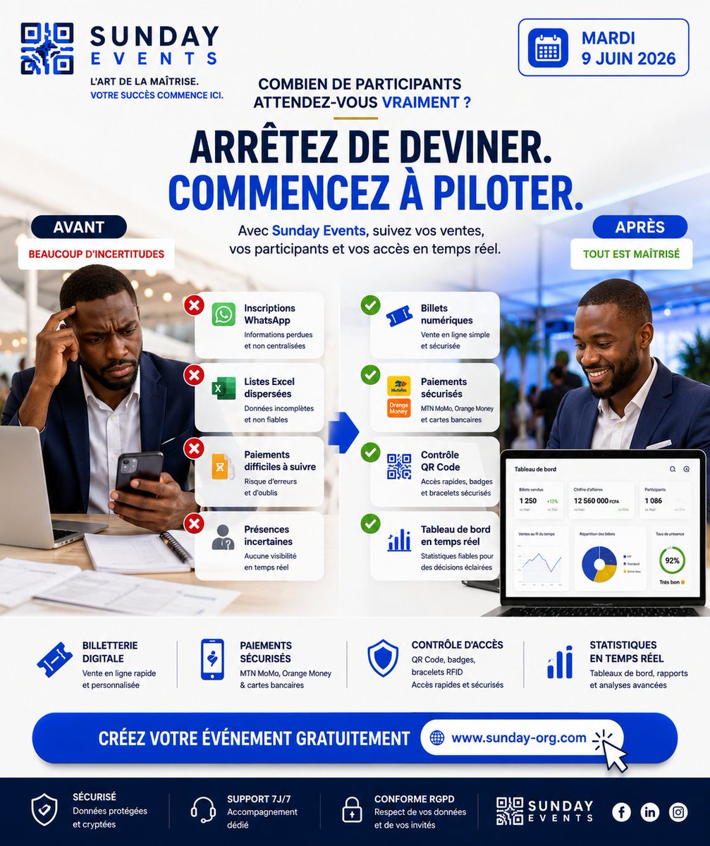 Sundayevents237's tweet photo. Organiser un événement ne devrait pas être un exercice de devinette.

Combien de billets vendus ?
Qui a payé ?
Qui est réellement présent ?

Avec Sunday Events, toutes les réponses sont dans votre tableau de bord.

📊 Des données fiables pour de meilleures décisions. https://t.co/ORSFBoZU0S
