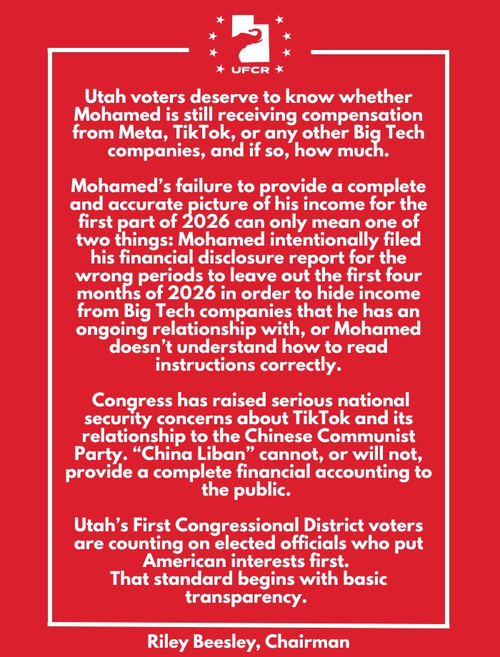 UtahCollegeReps's tweet photo. Young Utahns are concerned with @Liban4congress gaps in reporting. 

Voters must know how much Big Tech and China have paid him. 

Our full statement below. https://t.co/ZtziszEZGf