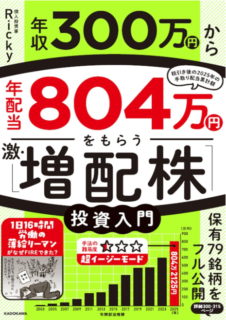 moco_free's tweet photo. 『年収300万円から年配当804万円をもらう 激・増配株投資入門』
著者：Ricky（@jstockslab）@kadokawa_san

本書で最も刺さったのは「FIREの目標は“資産額”ではなく“年間配当”にすべき」という視点。株価は暴落で大きく下がっても、配当は比較的ゆるやか。だからこそ長期投資では“握力”が試される。

著者は、成長し続ける企業を見極めるために、ROEやROAよりも「10年のEPS・BPS・配当推移」を重視。IR BANKで確認でき、初心者でも企業の“積み上げの軌跡”が見えるのが魅力。

さらに、PER12倍以下、PBR1.3倍以下、ROE7%以上などの条件で割安優良株をスクリーニングし、そこから“10年推移”で本当に強い企業だけを残す流れは再現性が高い。

私は個別株で成果を出せず、5年以上インデックス投資を続けてきたが、この分析法は財務諸表を読む力が自然と身につく。
社内の経理教育にも応用でき、子どもたちのお金の学びにもつながる。
株で利益を出すという動機があれば、学びに対しての真剣度も上がってくるので、有効は方法だと感じた。
インデックスを続けつつ、サテライトで“成長し続ける高配当株”を子どもと一緒に学びながら探していきたい。
#読書 #書評 #投資初心者 #高配当株 #FIRE #長期投資 #暴落耐性 #財務分析 #IRBANK #KADOKAWA