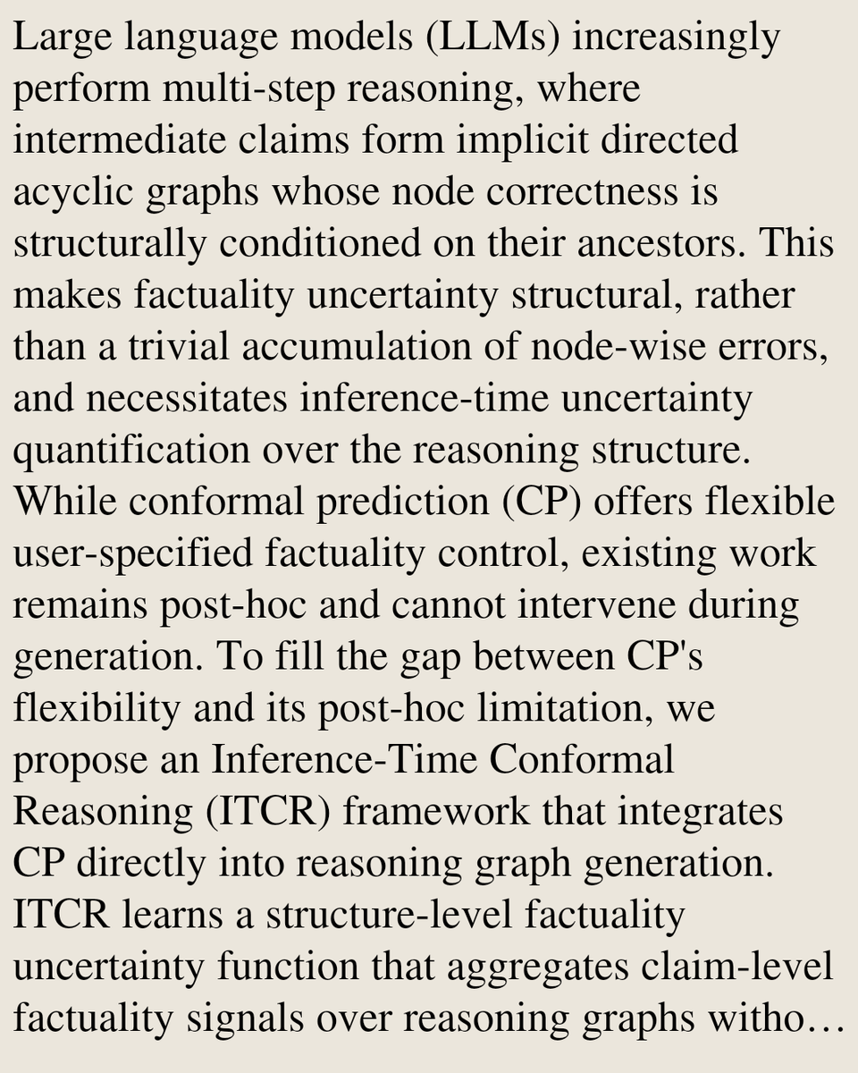 SciFi's tweet photo. Inference-Time Conformal Reasoning with Valid Factuality Control for Large Language Models

Ting Wang, Yuanjie Shi, Yan Yan, Huan Zhang
https://t.co/4qd9d0T0A8 [𝚌𝚜.𝙰𝙸]
💬Accepted at ICML 2026 https://t.co/Z8jjOZXuTz