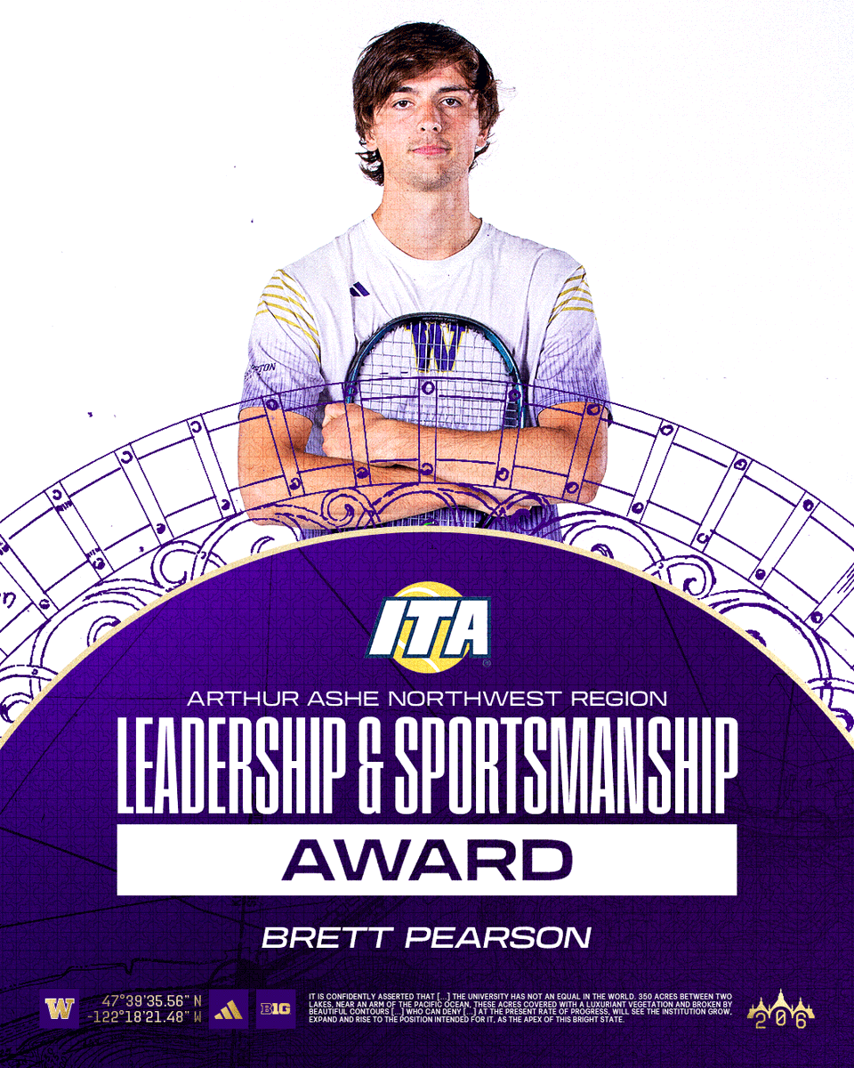 UW_MTennis's tweet photo. Big honors for B.P. 🏅

Brett has been named the @ITA_Tennis NW Region winner of the Arthur Ashe Leadership &amp; Sportsmanship Award! 🤝

#GoHuskies https://t.co/zvKF9ayvb7